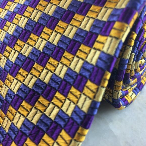 SAZZARA BLUE, PURPLE, GOLD, YELLOW WOVEN SILK NECKTIE - Picture 10 of 10